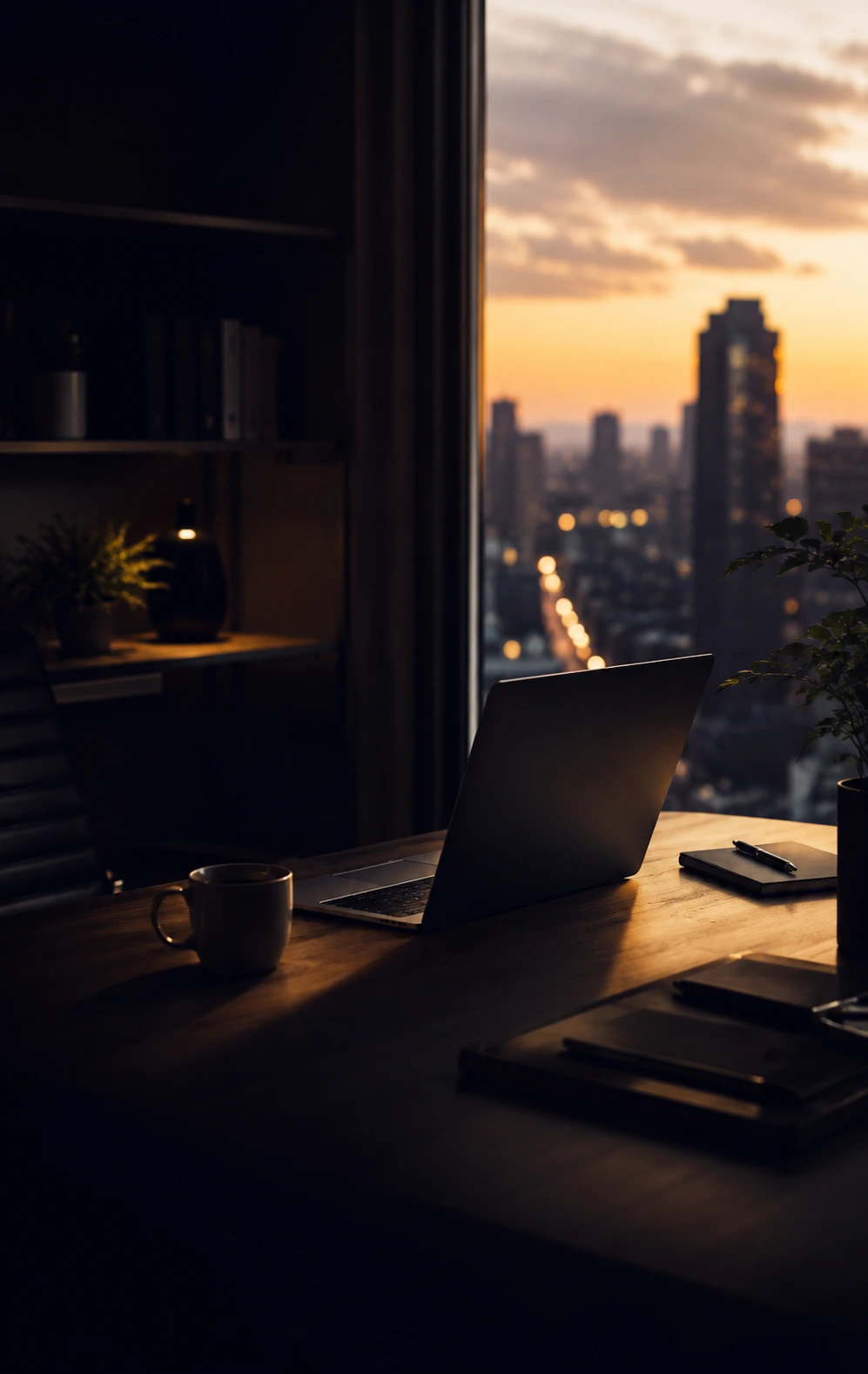 A modern desk with a laptop by a window as the city glows at dusk